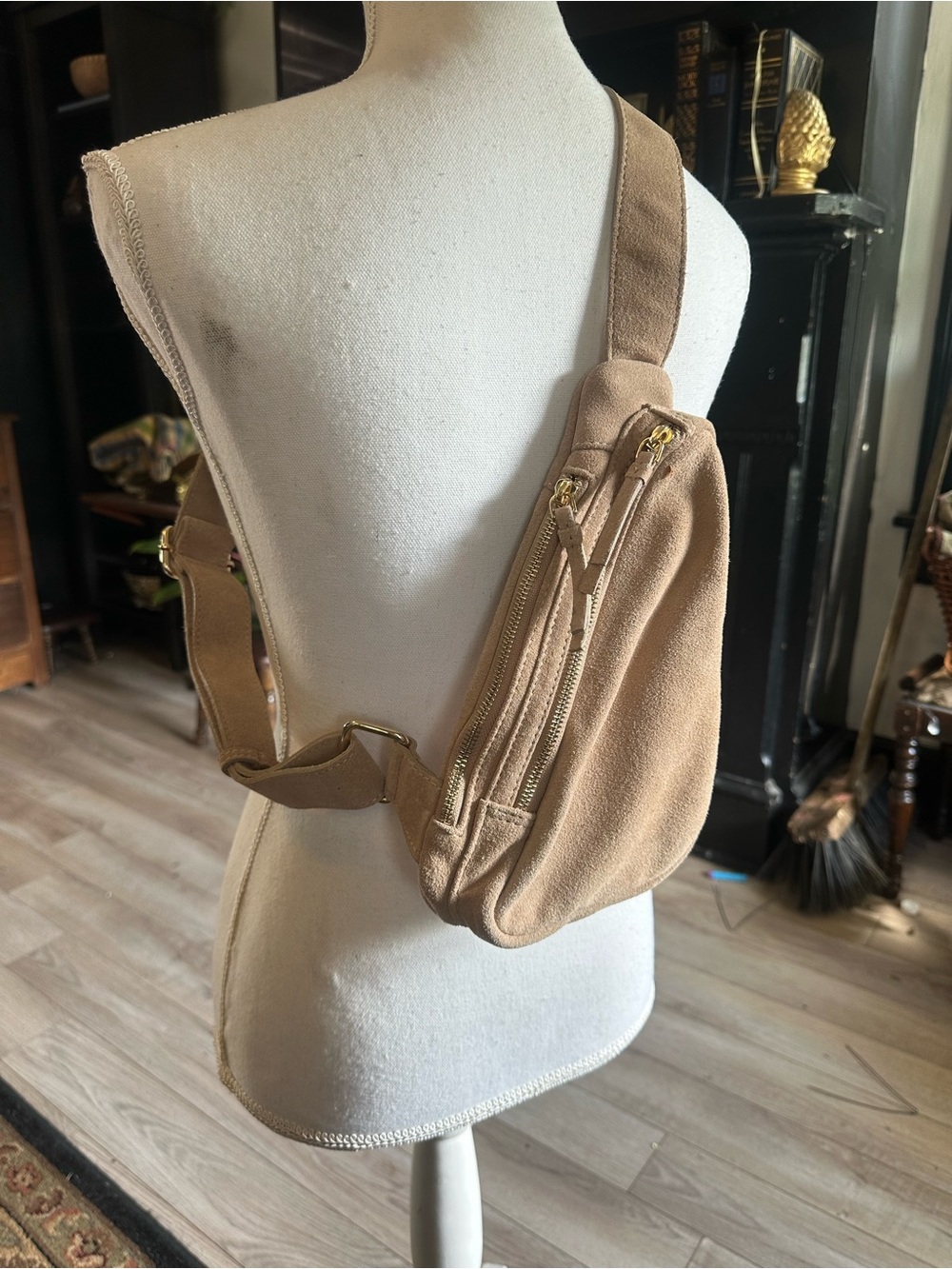 Everyday Tan leather suede Shoulder Sling Bag with Gold Hardware